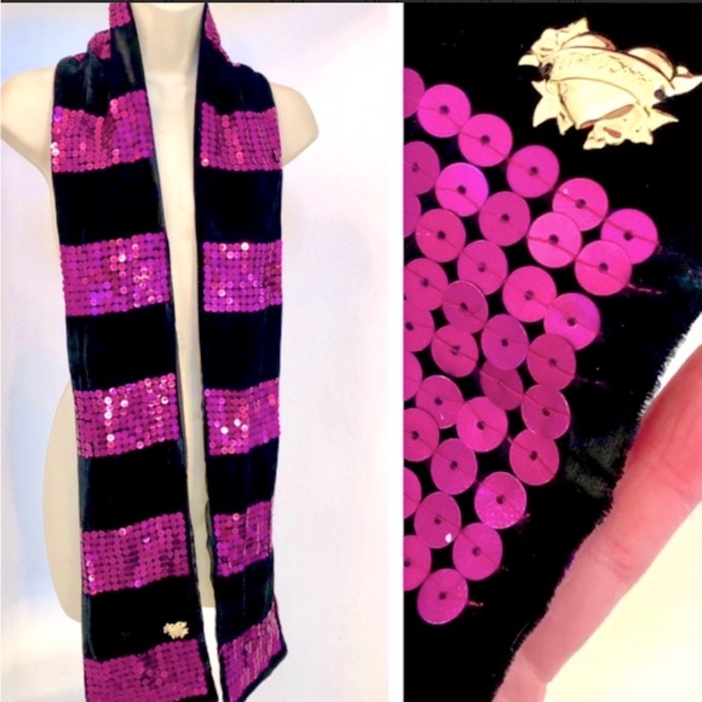 Vintage Betsey Johnson Black Velvet Pink Sequin Scarf